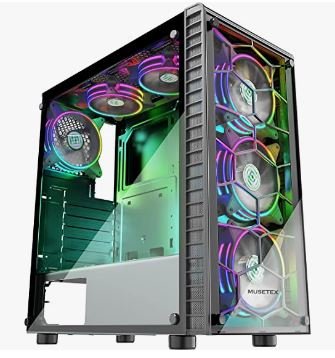 MUSETEX ATX PC Case Mid-Tower with 6pcs 120mm ARGB Fans, Computer Gaming Case with Tempered Glass Side & Front Panels